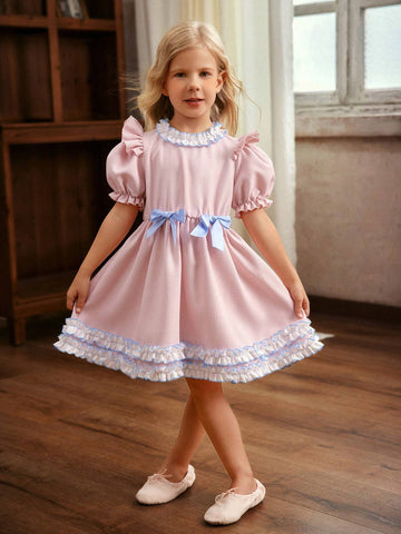 Young Girl Woven Bowknot Puff Sleeve Ruffled One-Piece Dress