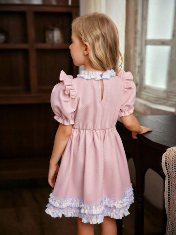 Young Girl Woven Bowknot Puff Sleeve Ruffled One-Piece Dress