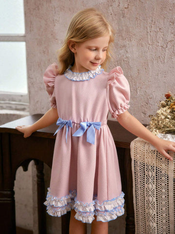 Young Girl Woven Bowknot Puff Sleeve Ruffled One-Piece Dress
