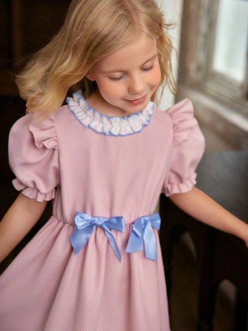 Young Girl Woven Bowknot Puff Sleeve Ruffled One-Piece Dress
