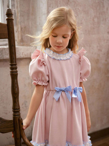 Young Girl Woven Bowknot Puff Sleeve Ruffled One-Piece Dress