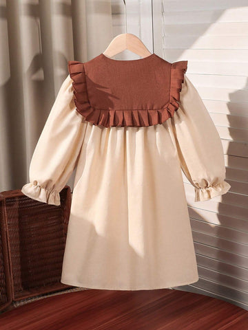 Young Girl Woven Casual Long Sleeve Khaki Square Neck Ruffle Hem Dress, Autumn/Winter, Ideal For Everyday And Casual Occasions, Suitable For Birthday Girls
