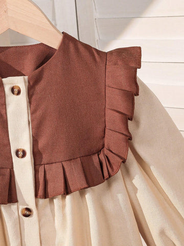 Young Girl Woven Casual Long Sleeve Khaki Square Neck Ruffle Hem Dress, Autumn/Winter, Ideal For Everyday And Casual Occasions, Suitable For Birthday Girls