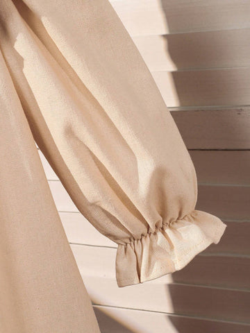 Young Girl Woven Casual Long Sleeve Khaki Square Neck Ruffle Hem Dress, Autumn/Winter, Ideal For Everyday And Casual Occasions, Suitable For Birthday Girls
