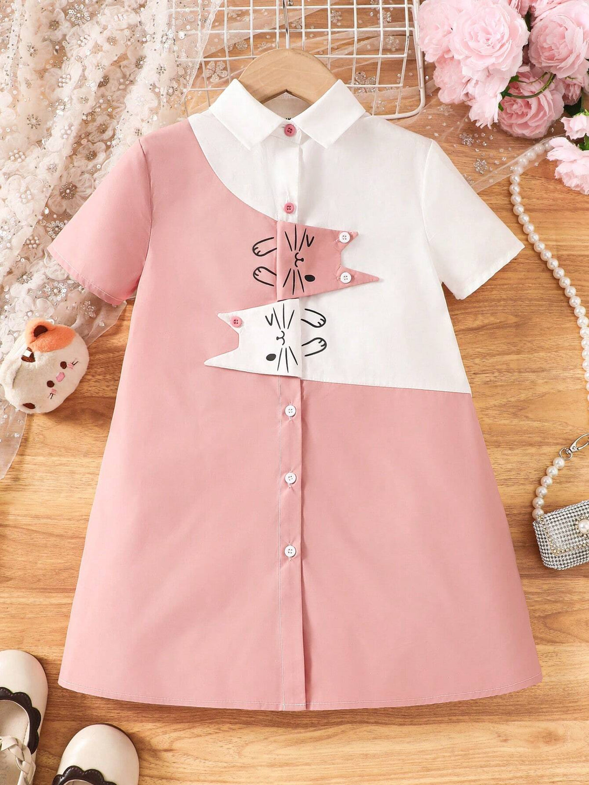 Young Girl Woven Cat Print Color Block Loose Shirt Dress