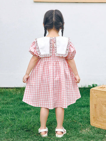 Young Girl Woven Color-Block Doll Collar Embroidered Bubble Sleeve Casual Dress