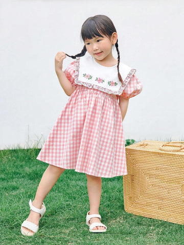 Young Girl Woven Color-Block Doll Collar Embroidered Bubble Sleeve Casual Dress