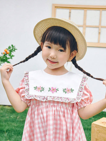 Young Girl Woven Color-Block Doll Collar Embroidered Bubble Sleeve Casual Dress