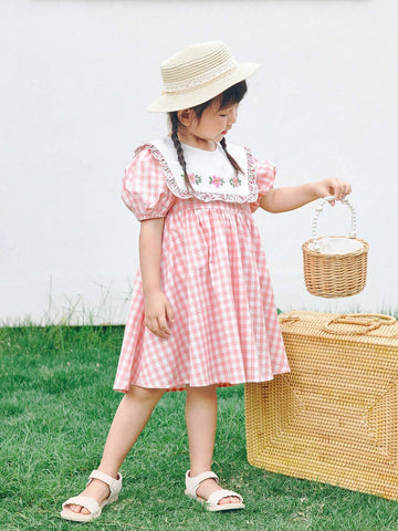 Young Girl Woven Color-Block Doll Collar Embroidered Bubble Sleeve Casual Dress