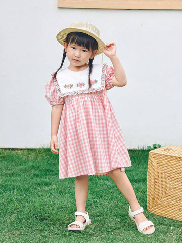Young Girl Woven Color-Block Doll Collar Embroidered Bubble Sleeve Casual Dress