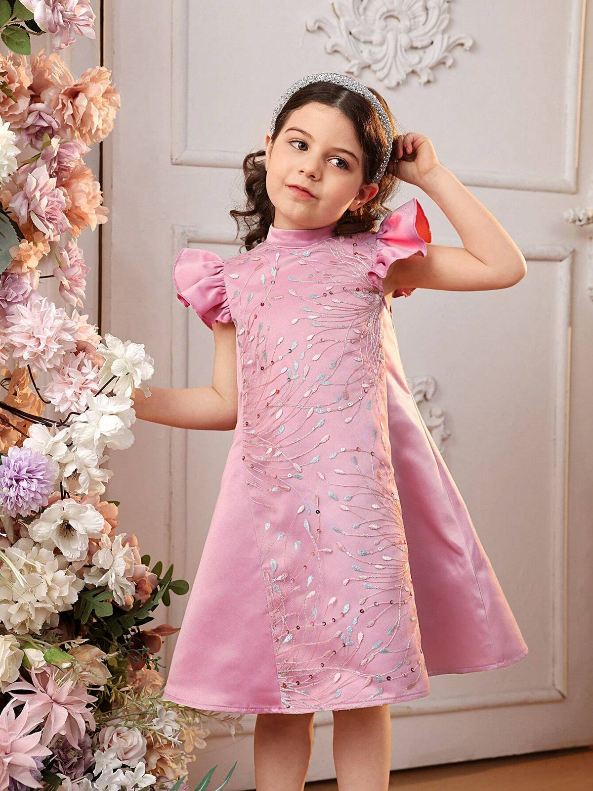 Young Girl Woven Color-Block Mesh Embroidery Stand Collar Short-Sleeved Loose Casual Dress