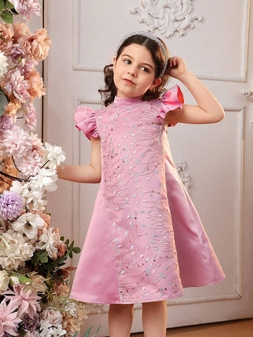 Young Girl Woven Color-Block Mesh Embroidery Stand Collar Short-Sleeved Loose Casual Dress