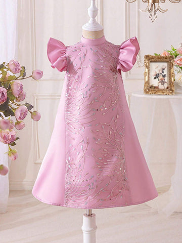 Young Girl Woven Color-Block Mesh Embroidery Stand Collar Short-Sleeved Loose Casual Dress