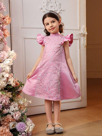 Young Girl Woven Color-Block Mesh Embroidery Stand Collar Short-Sleeved Loose Casual Dress