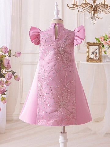 Young Girl Woven Color-Block Mesh Embroidery Stand Collar Short-Sleeved Loose Casual Dress