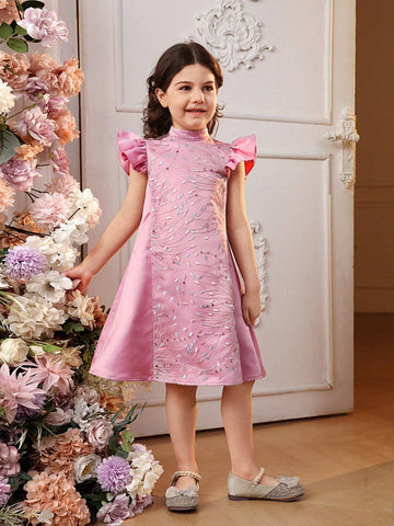 Young Girl Woven Color-Block Mesh Embroidery Stand Collar Short-Sleeved Loose Casual Dress