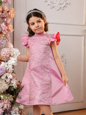 Young Girl Woven Color-Block Mesh Embroidery Stand Collar Short-Sleeved Loose Casual Dress