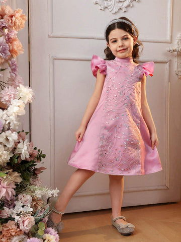 Young Girl Woven Color-Block Mesh Embroidery Stand Collar Short-Sleeved Loose Casual Dress