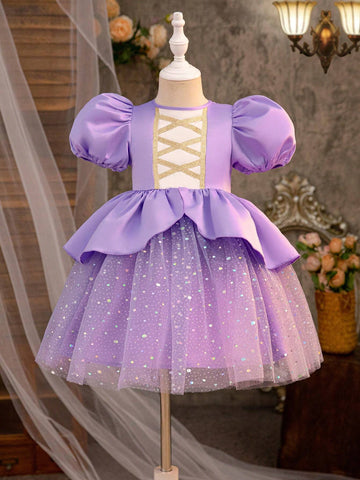 Young Girl Woven Color-Block Round Neck Elegant Dress With Puffy Sleeves And Mesh Paneling