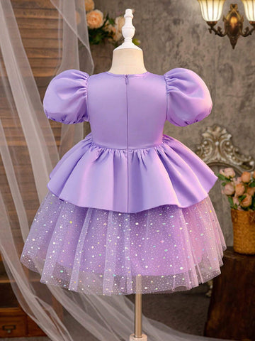 Young Girl Woven Color-Block Round Neck Elegant Dress With Puffy Sleeves And Mesh Paneling