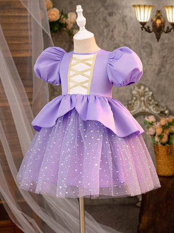 Young Girl Woven Color-Block Round Neck Elegant Dress With Puffy Sleeves And Mesh Paneling