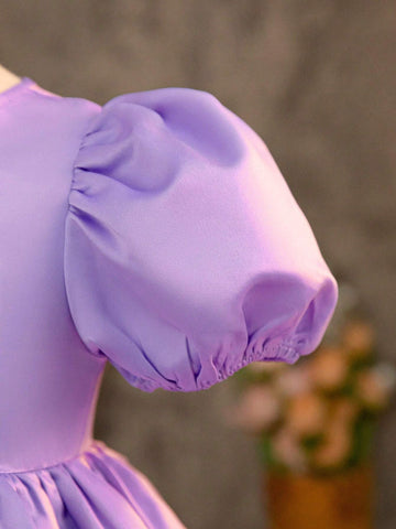 Young Girl Woven Color-Block Round Neck Elegant Dress With Puffy Sleeves And Mesh Paneling