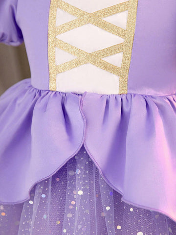 Young Girl Woven Color-Block Round Neck Elegant Dress With Puffy Sleeves And Mesh Paneling