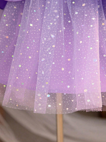 Young Girl Woven Color-Block Round Neck Elegant Dress With Puffy Sleeves And Mesh Paneling