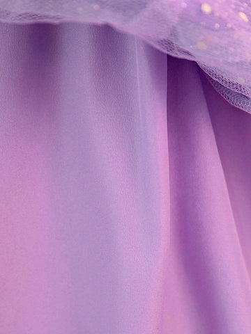 Young Girl Woven Color-Block Round Neck Elegant Dress With Puffy Sleeves And Mesh Paneling