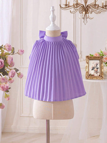 Young Girl Woven Color-Blocked Stand Collar Sleeveless Shirt With Bowknot Detail And Pleated Design