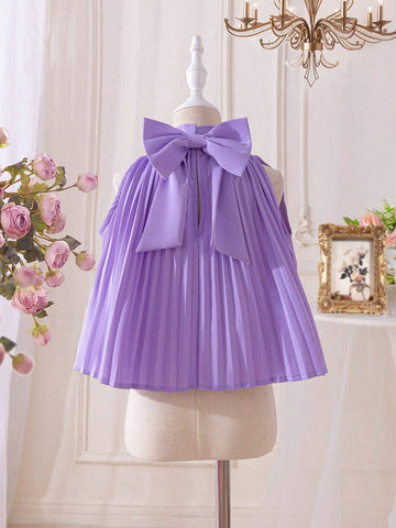 Young Girl Woven Color-Blocked Stand Collar Sleeveless Shirt With Bowknot Detail And Pleated Design