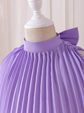 Young Girl Woven Color-Blocked Stand Collar Sleeveless Shirt With Bowknot Detail And Pleated Design