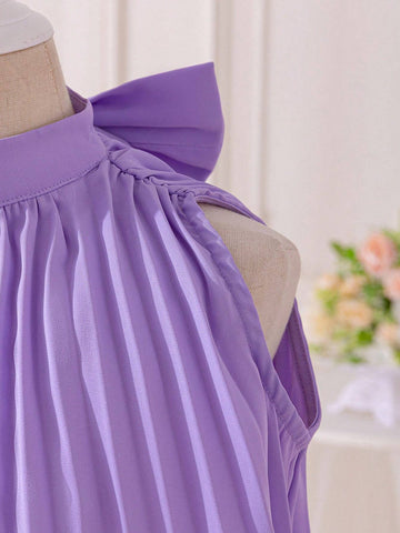 Young Girl Woven Color-Blocked Stand Collar Sleeveless Shirt With Bowknot Detail And Pleated Design