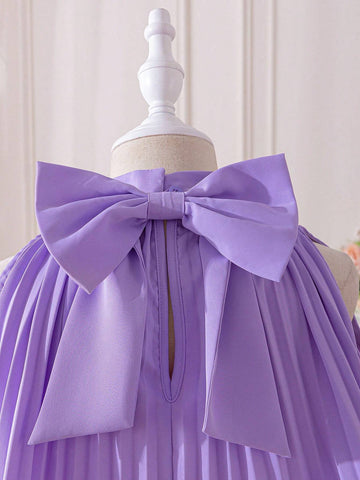 Young Girl Woven Color-Blocked Stand Collar Sleeveless Shirt With Bowknot Detail And Pleated Design