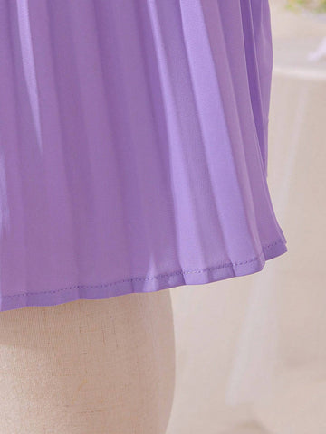 Young Girl Woven Color-Blocked Stand Collar Sleeveless Shirt With Bowknot Detail And Pleated Design