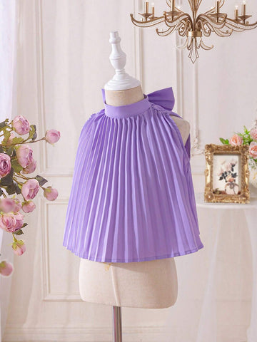 Young Girl Woven Color-Blocked Stand Collar Sleeveless Shirt With Bowknot Detail And Pleated Design