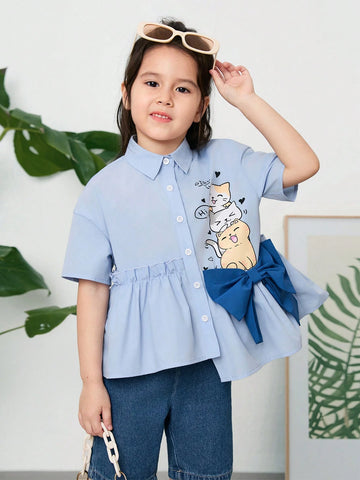 Young Girl Woven Color-Blocking Bow-Tie Cute Kitten Pattern Loose Casual Shirt