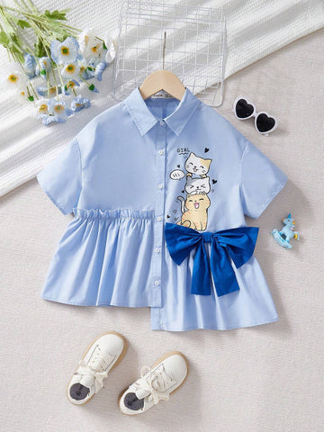 Young Girl Woven Color-Blocking Bow-Tie Cute Kitten Pattern Loose Casual Shirt