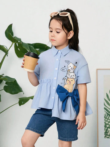 Young Girl Woven Color-Blocking Bow-Tie Cute Kitten Pattern Loose Casual Shirt