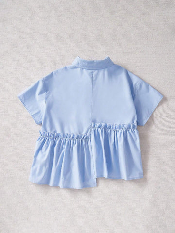 Young Girl Woven Color-Blocking Bow-Tie Cute Kitten Pattern Loose Casual Shirt