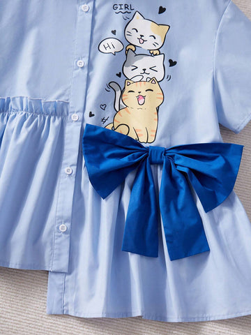 Young Girl Woven Color-Blocking Bow-Tie Cute Kitten Pattern Loose Casual Shirt