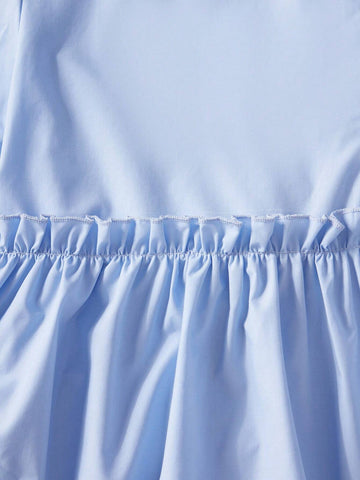 Young Girl Woven Color-Blocking Bow-Tie Cute Kitten Pattern Loose Casual Shirt