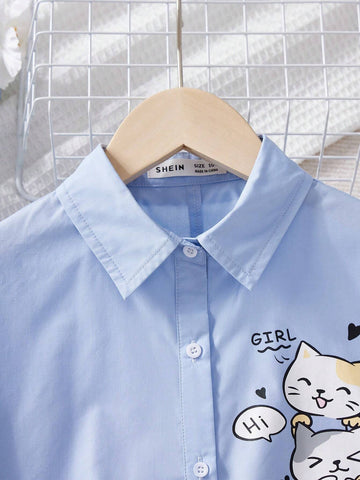 Young Girl Woven Color-Blocking Bow-Tie Cute Kitten Pattern Loose Casual Shirt