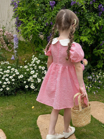 Young Girl Woven Color-Contrast Baby Collar Puff Sleeve Fitted Casual Dress