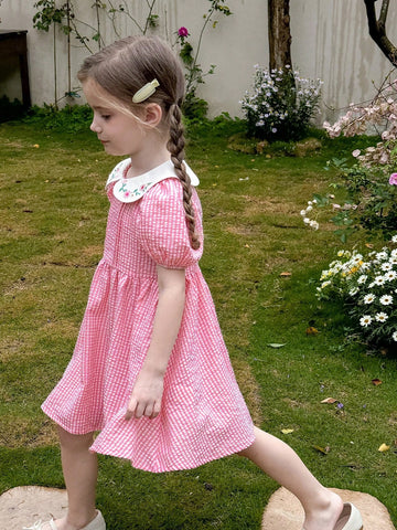 Young Girl Woven Color-Contrast Baby Collar Puff Sleeve Fitted Casual Dress