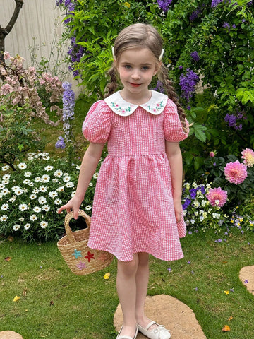 Young Girl Woven Color-Contrast Baby Collar Puff Sleeve Fitted Casual Dress
