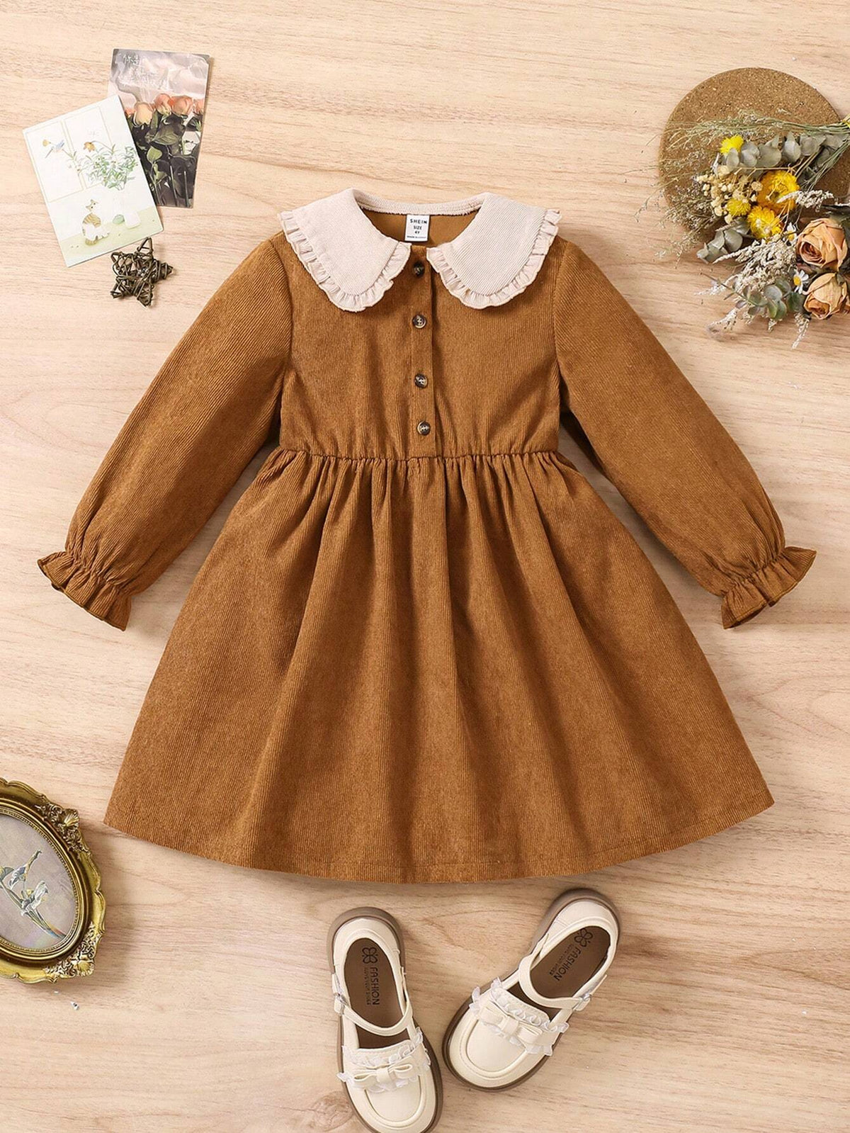 Young Girl Woven Color Block Peter Pan Collar Flare Sleeve Casual Corduroy Dress