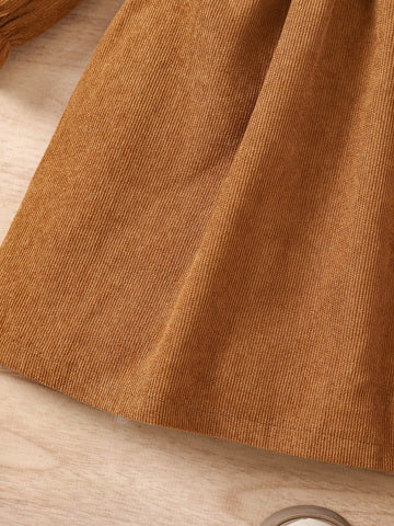 Young Girl Woven Color Block Peter Pan Collar Flare Sleeve Casual Corduroy Dress