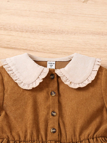 Young Girl Woven Color Block Peter Pan Collar Flare Sleeve Casual Corduroy Dress