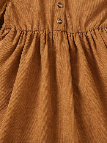 Young Girl Woven Color Block Peter Pan Collar Flare Sleeve Casual Corduroy Dress